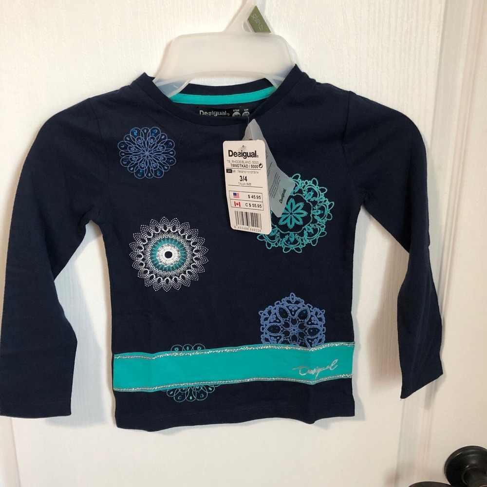 Desigual Girls Navy Blue Mandala Embroidered Long Sleeve T-Shirt Size 3/4 NEW